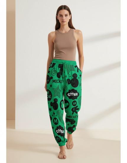 Pantalon Baggy Vert Imprimé Mickey Décontracté Cordon - Molleton