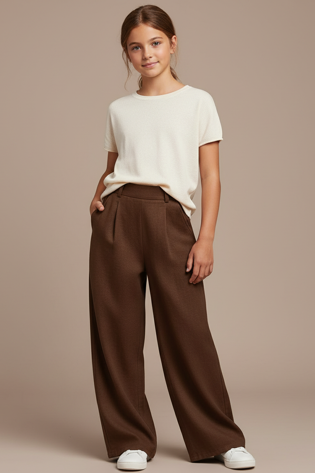 Pantalon Baggy Marron Ample Fluide Décontracté Fille - Laine