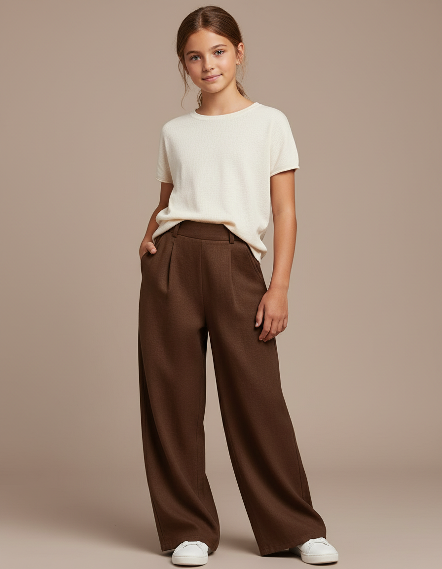 Pantalon Baggy Marron Ample Fluide Décontracté Fille - Laine