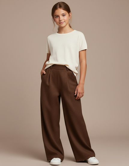 Pantalon Baggy Marron Ample Fluide Décontracté Fille - Laine