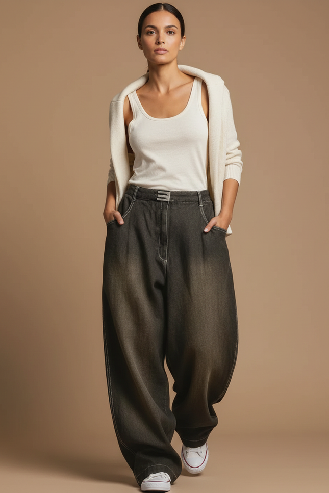 Pantalon Baggy Gris Délavé Ample Denim Streetwear Femme - Jean