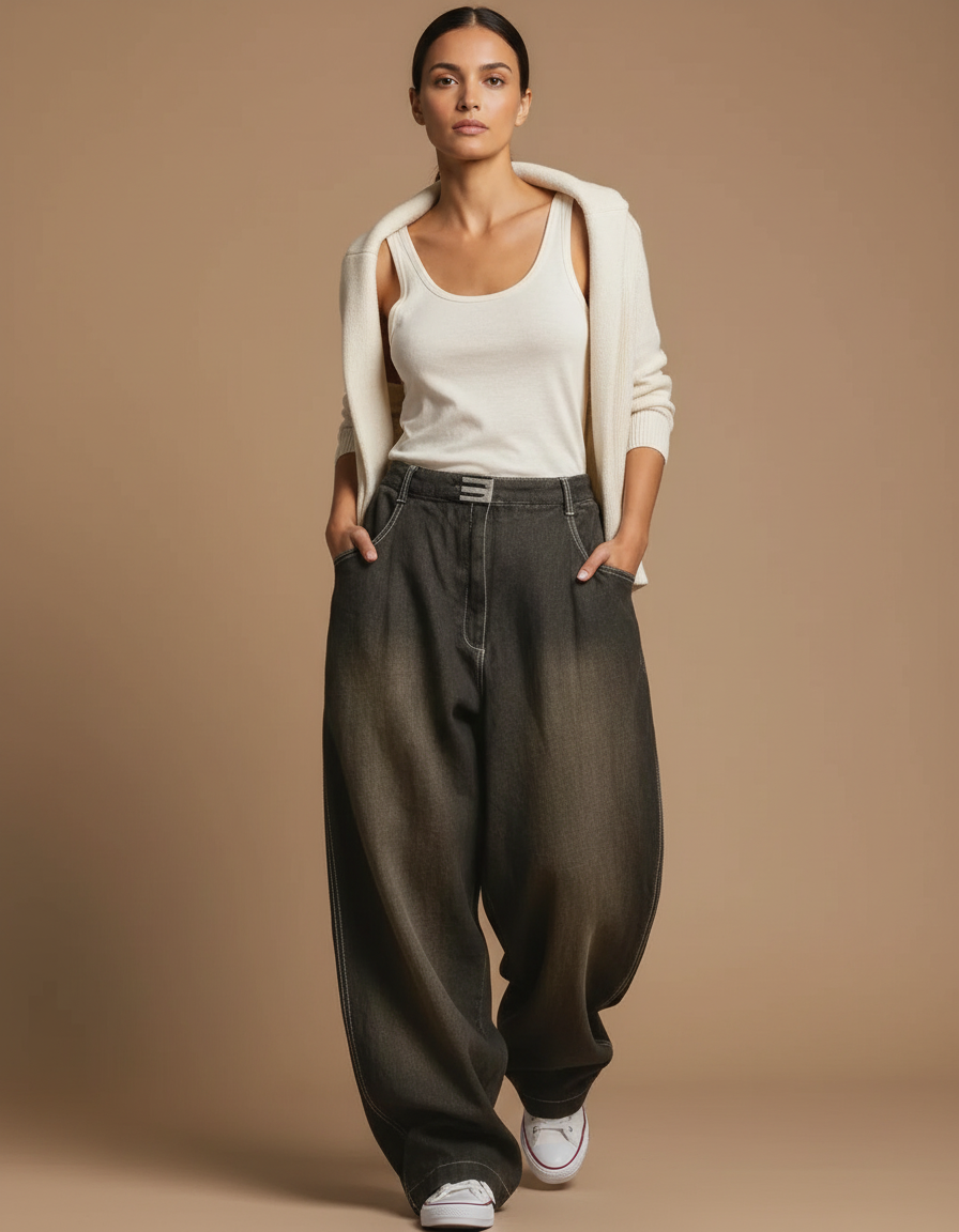 Pantalon Baggy Gris Délavé Ample Denim Streetwear Femme - Jean