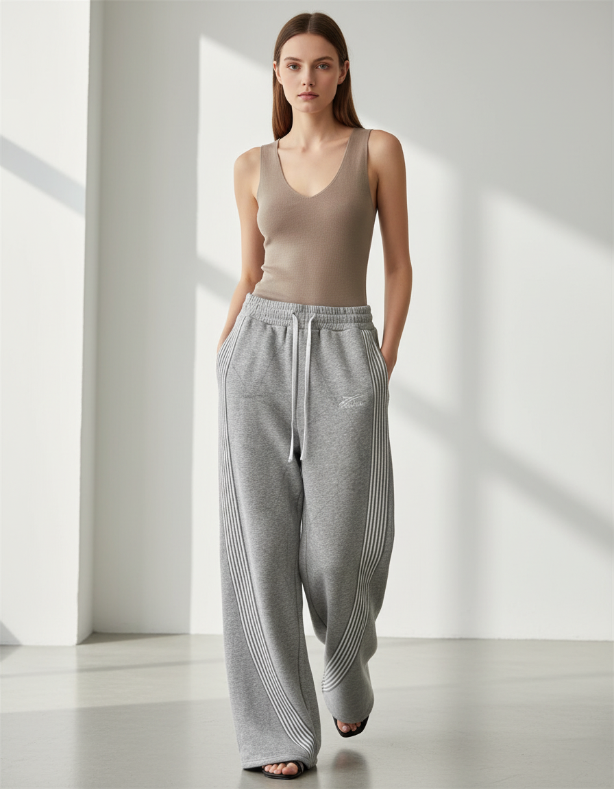Pantalon Baggy Gris Ample Rayures Blanches Cordon - Molleton