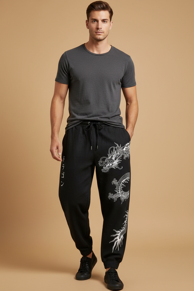 Pantalon Baggy Noir Dragon Japonais Ample Cordon Homme - Molleton