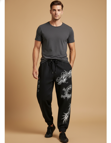 Pantalon Baggy Noir Dragon Japonais Ample Cordon Homme - Molleton