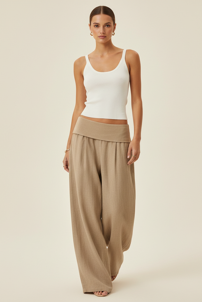Pantalon Baggy Beige Ample Fluide Décontracté Femme - Lin