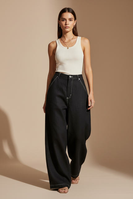 Pantalon Baggy Noir Denim Large Surpiqûres Blanches Décontracté - Jean