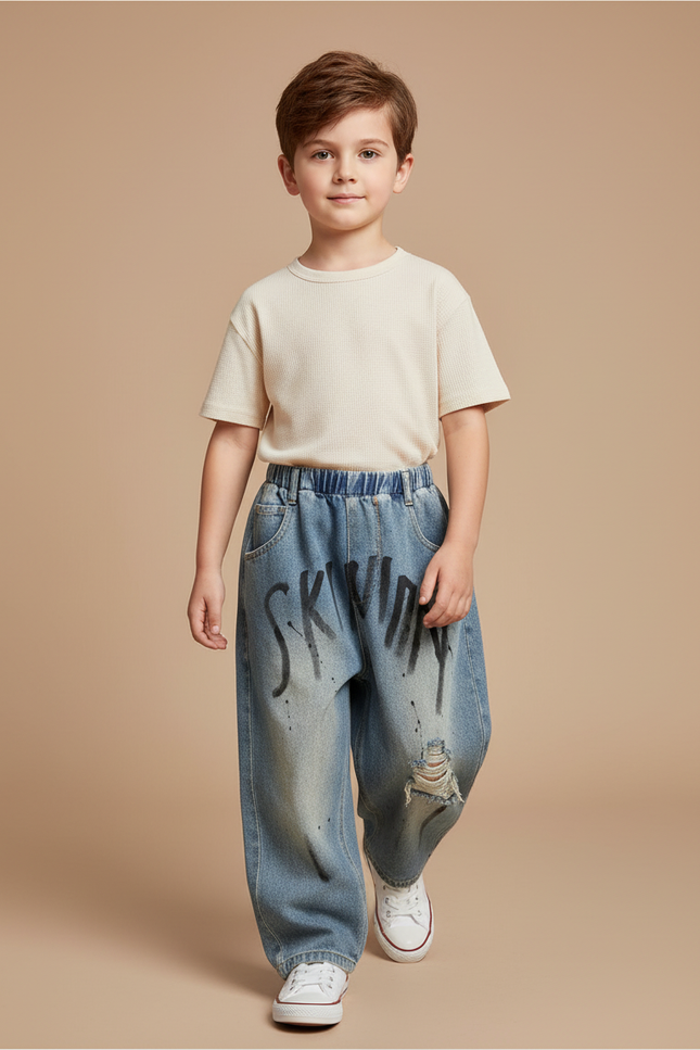 Pantalon Baggy Jean Bleu Graffiti Ample Déchiré Enfant
