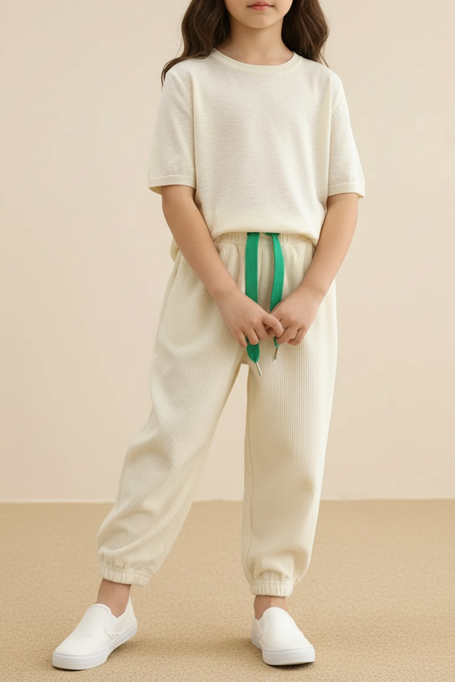 Pantalon Baggy Côtelé Beige Ample Cordon Vert Enfant - Cordé