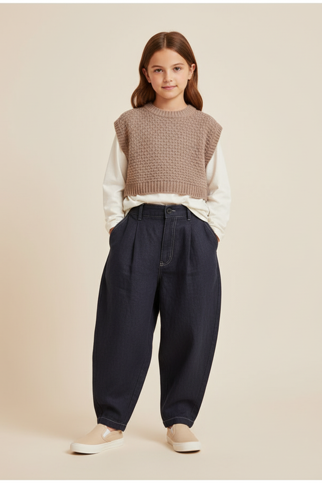 Pantalon Baggy Bleu Marine Ample Plissé Enfant - Jean