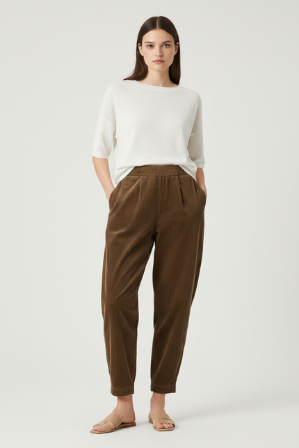 Pantalon Baggy Marron Côtelé Ample Plissé Décontracté - Cordé