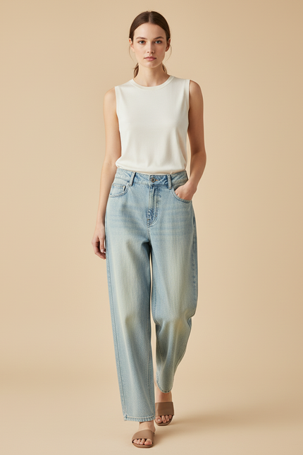 Pantalon Baggy Bleu Clair Droit Décontracté Femme - Jean