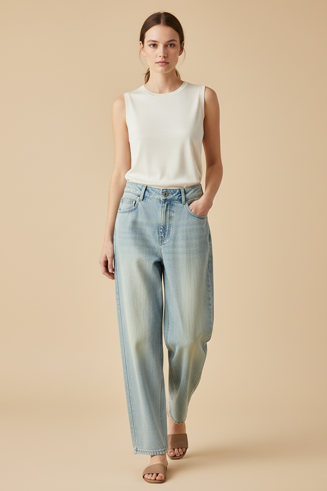 Pantalon Baggy Bleu Clair Droit Décontracté Femme - Jean