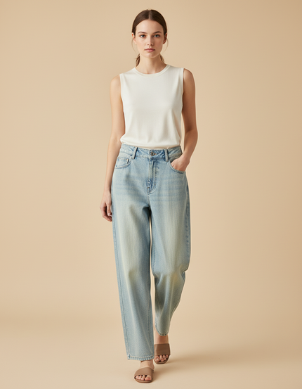 Pantalon Baggy Bleu Clair Droit Décontracté Femme - Jean