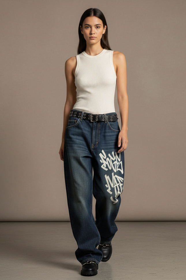 Pantalon Baggy Denim Large Graffiti Urbain Femme - Bleu Jean