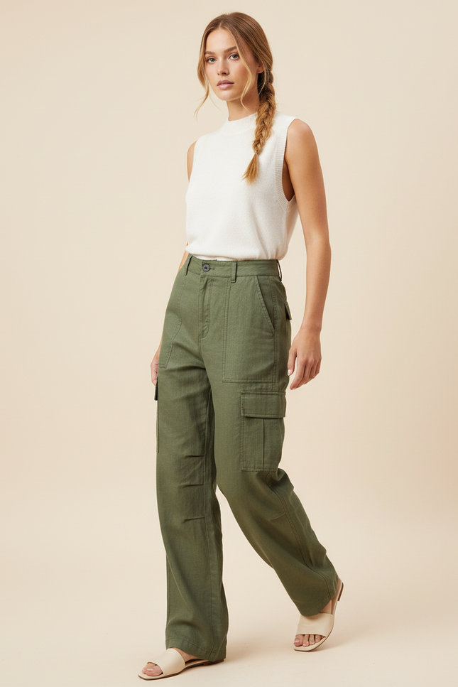 Pantalon Baggy Vert Kaki Cargo Ample Décontracté Fluide - Lin