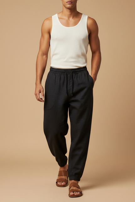 Pantalon Baggy Noir Lin Cordon Ample Homme Décontracté