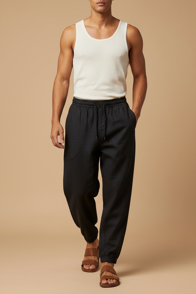 Pantalon Baggy Noir Lin Cordon Ample Homme Décontracté