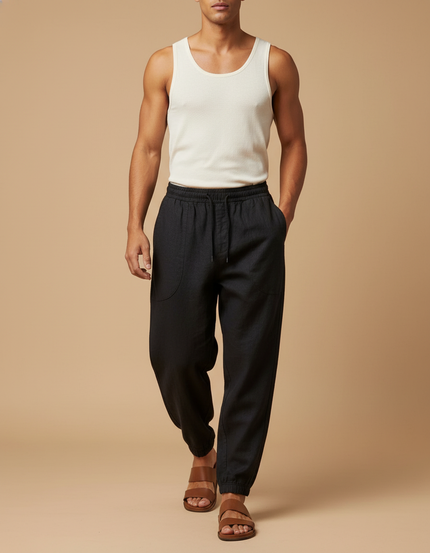 Pantalon Baggy Noir Lin Cordon Ample Homme Décontracté