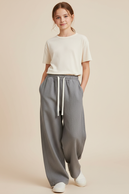 Pantalon Baggy Gris Ample Cordon Décontracté Fille - Laine