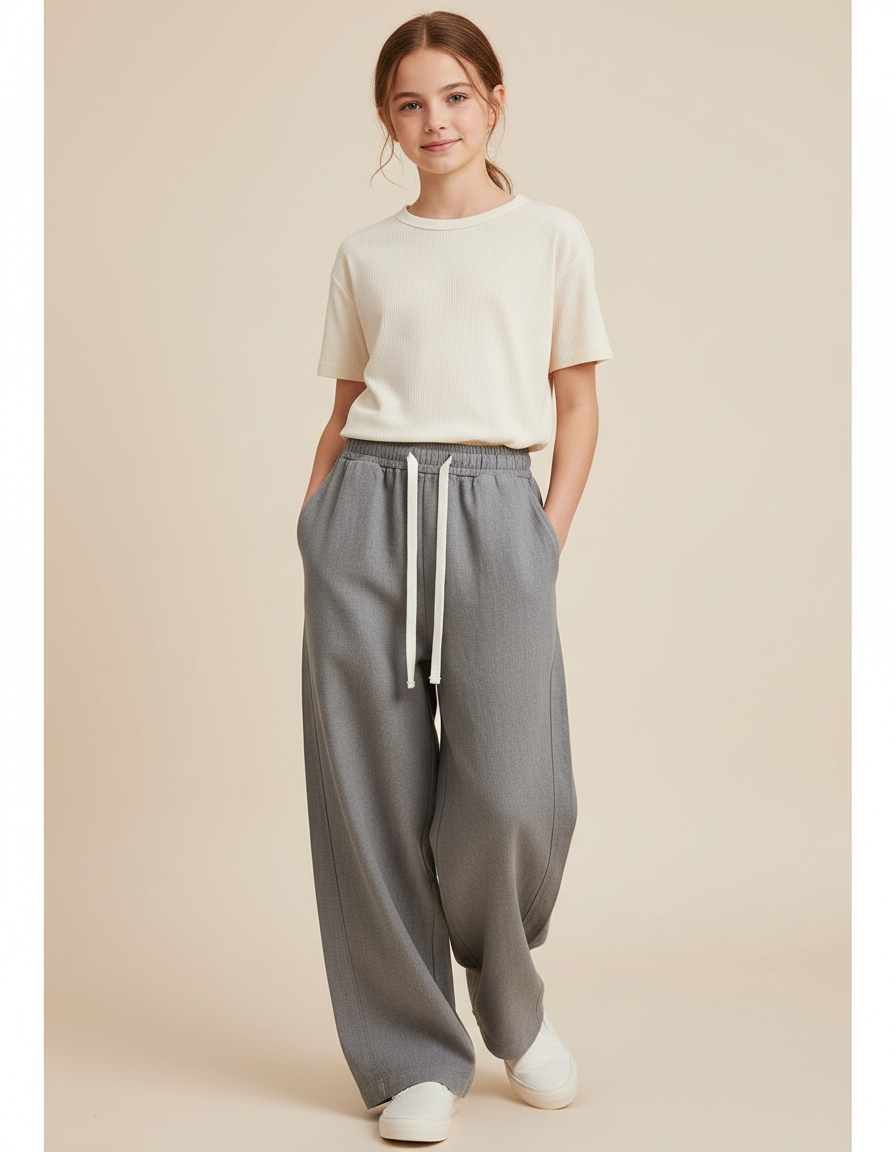 Pantalon Baggy Gris Ample Cordon Décontracté Fille - Laine