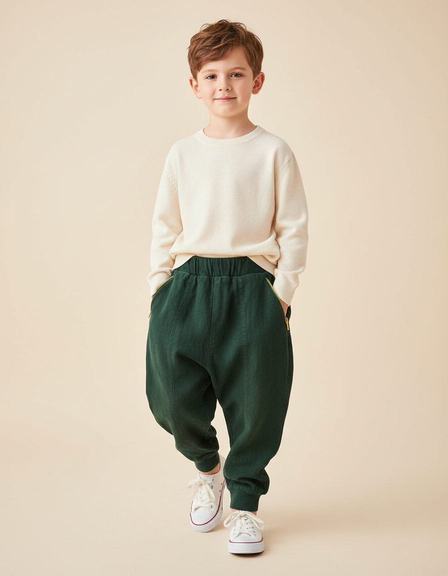 Pantalon Baggy Vert Ample Coton Enfant Décontracté - Toile