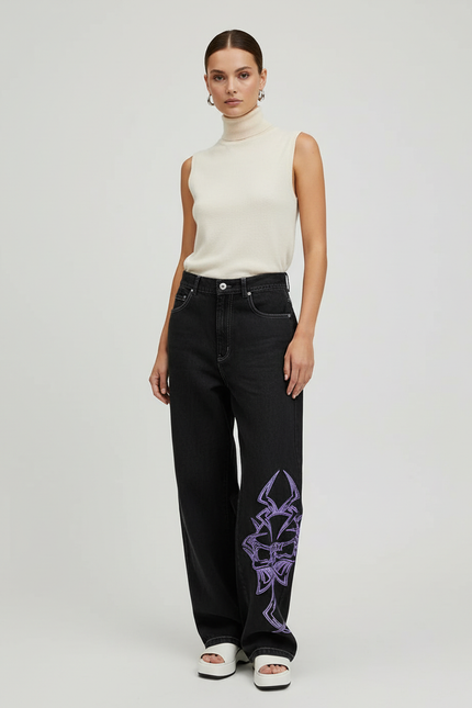 Pantalon Baggy Noir Brodé Ample Décontracté Femme - Jean