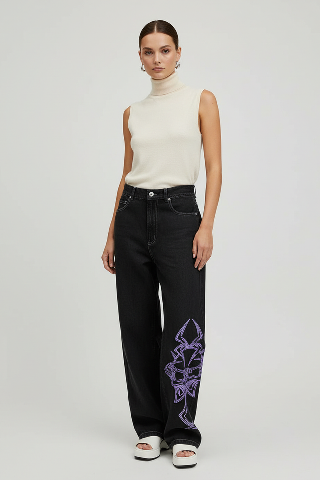 Pantalon Baggy Noir Brodé Ample Décontracté Femme - Jean
