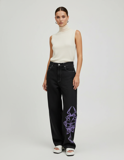 Pantalon Baggy Noir Brodé Ample Décontracté Femme - Jean