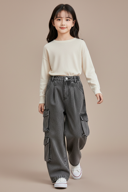Pantalon Baggy Jean Gris Cargo Ample Enfant
