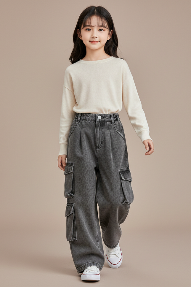 Pantalon Baggy Jean Gris Cargo Ample Enfant