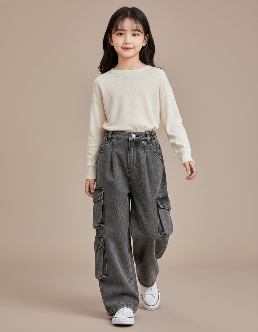 Pantalon Baggy Jean Gris Cargo Ample Enfant