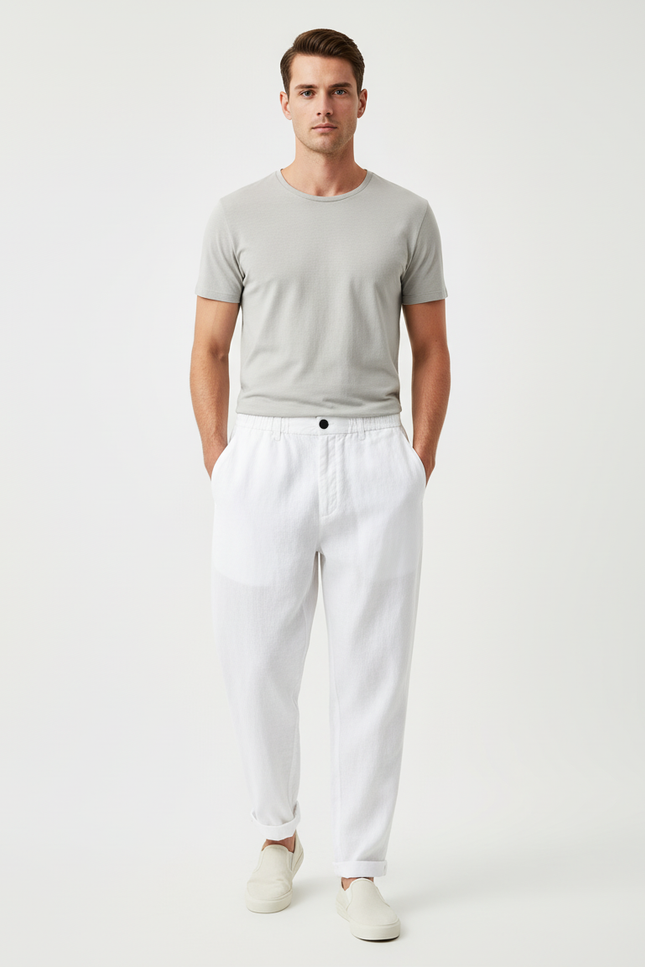 Pantalon Baggy Blanc Lin Droit Respirant Décontracté Homme
