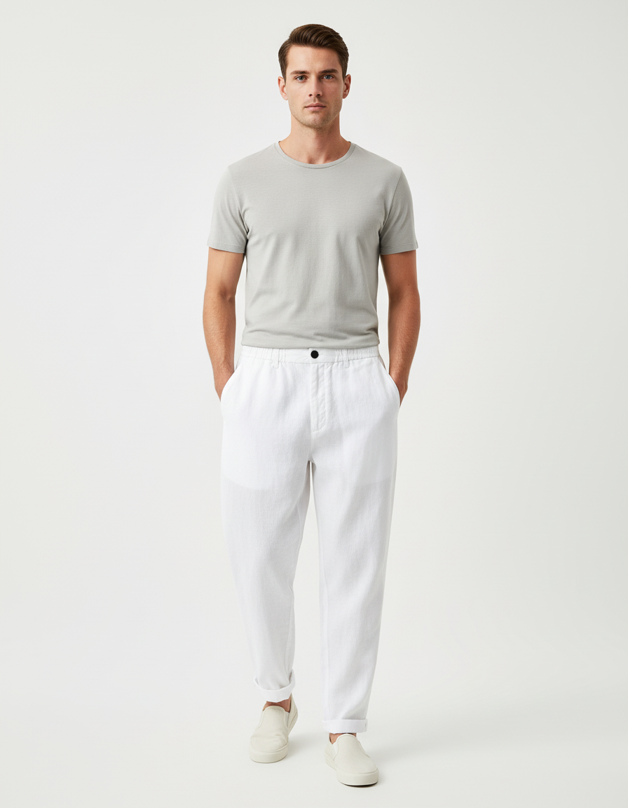 Pantalon Baggy Blanc Lin Droit Respirant Décontracté Homme