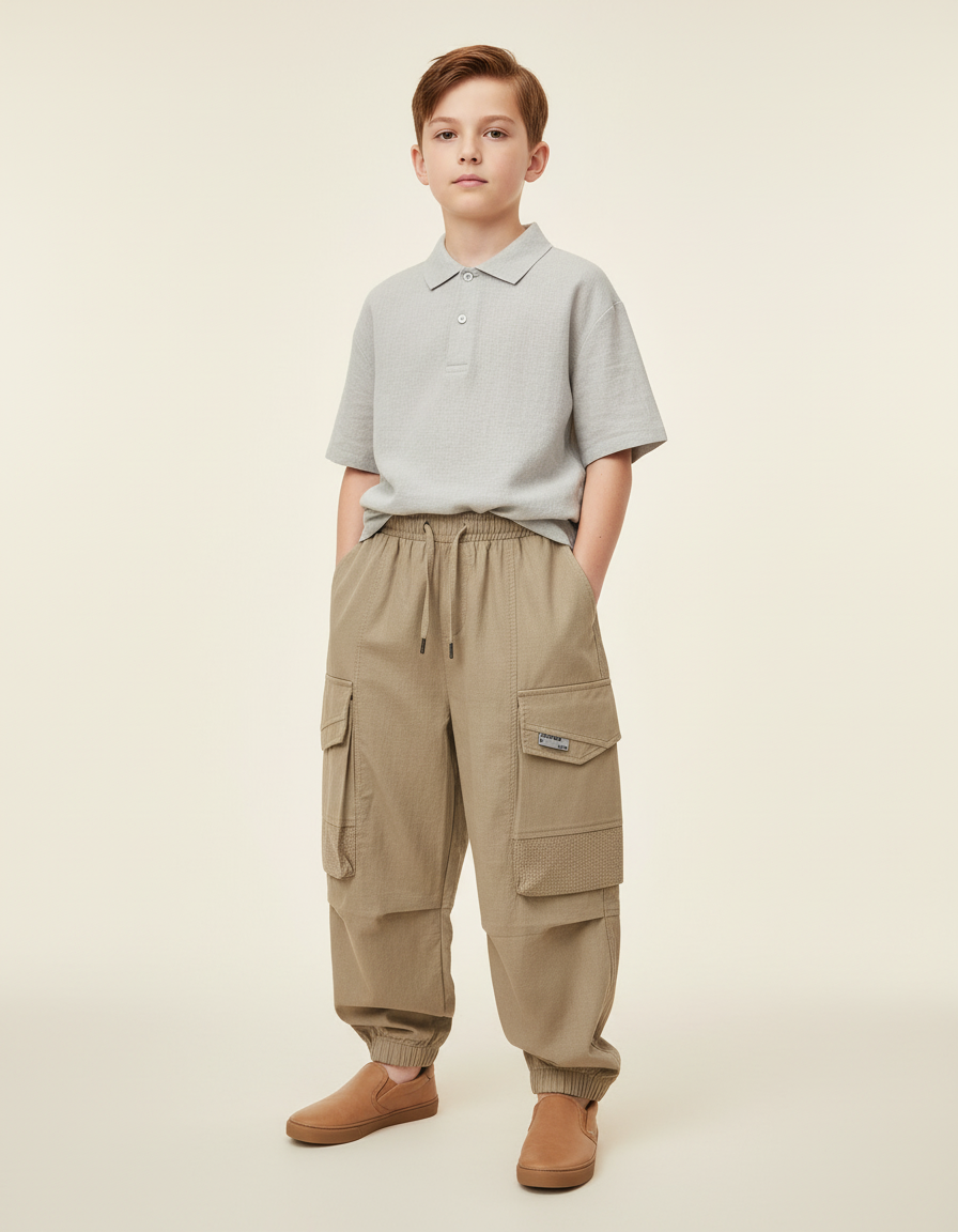Pantalon Baggy Cargo Ample Kaki Décontracté Enfant - Toile