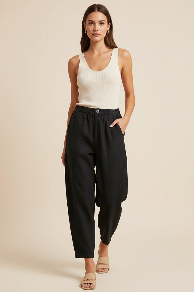 Pantalon Baggy Noir Lin Ample Confortable Femme