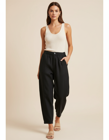 Pantalon Baggy Noir Lin Ample Confortable Femme