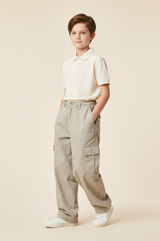 Pantalon Baggy Beige Cargo Ample Coton Garçon