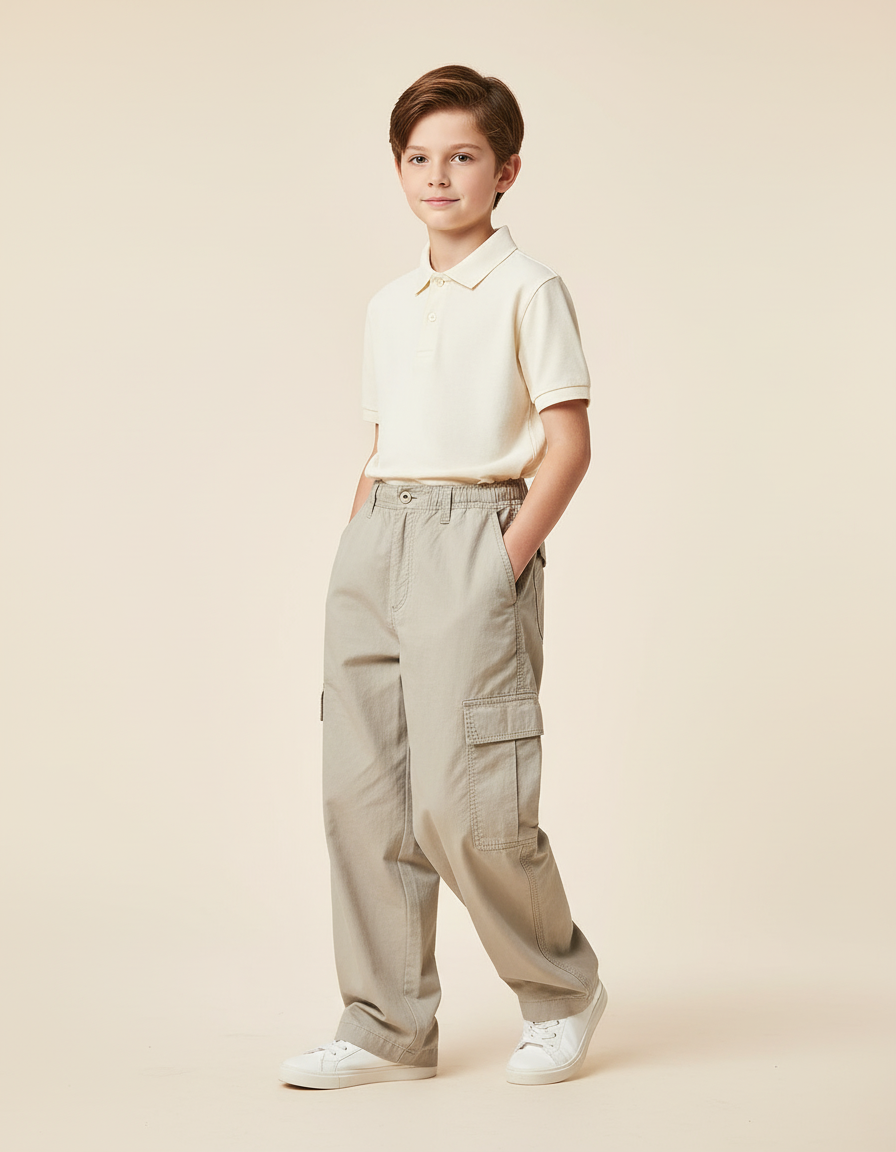 Pantalon Baggy Beige Cargo Ample Coton Garçon