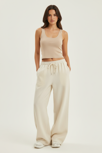 Pantalon Baggy Beige Cordon Ample Décontracté Femme - Molleton