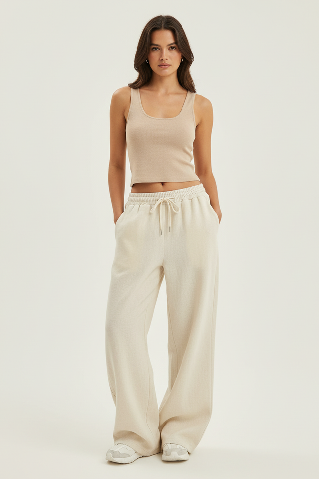 Pantalon Baggy Beige Cordon Ample Décontracté Femme - Molleton