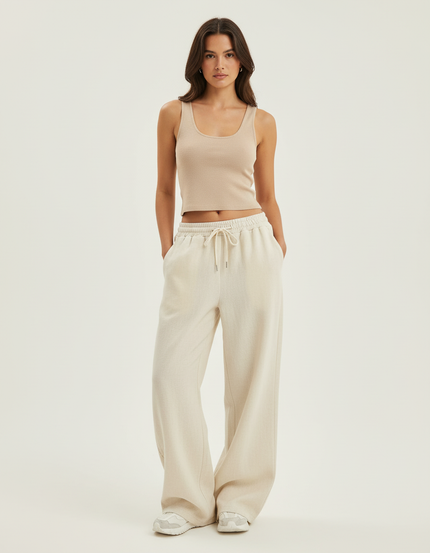 Pantalon Baggy Beige Cordon Ample Décontracté Femme - Molleton