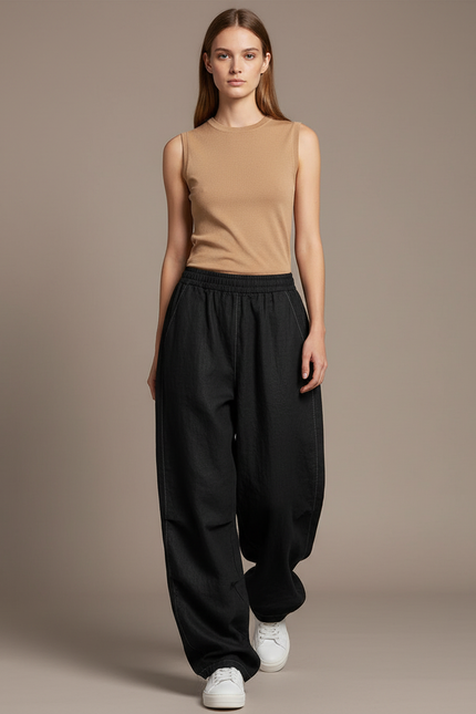 Pantalon Baggy Noir Ample Fluide Élastique Décontracté Femme - Viscose
