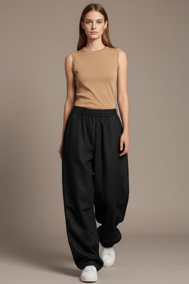 Pantalon Baggy Noir Ample Fluide Élastique Décontracté Femme - Viscose