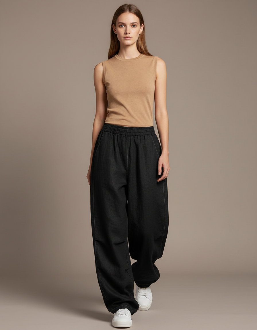 Pantalon Baggy Noir Ample Fluide Élastique Décontracté Femme - Viscose