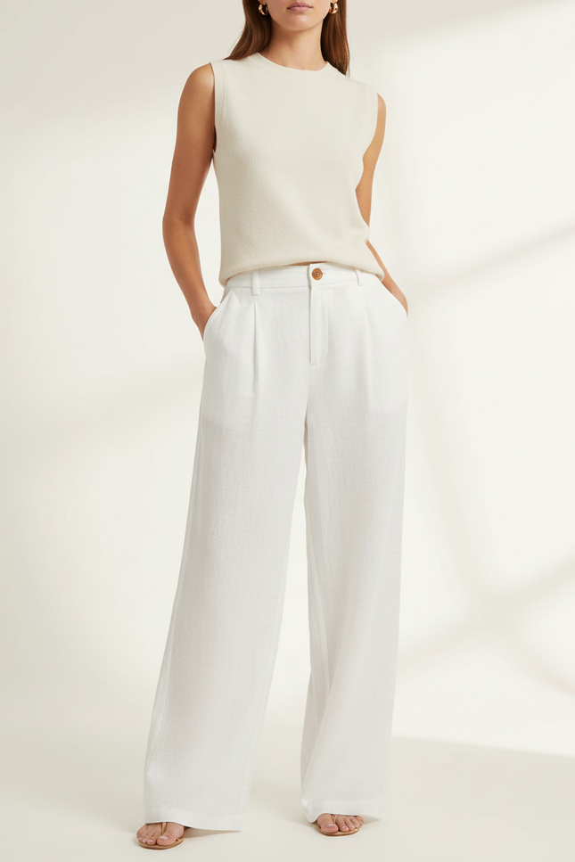 Pantalon Baggy Blanc Lin Plissé Ample Décontracté Fluide