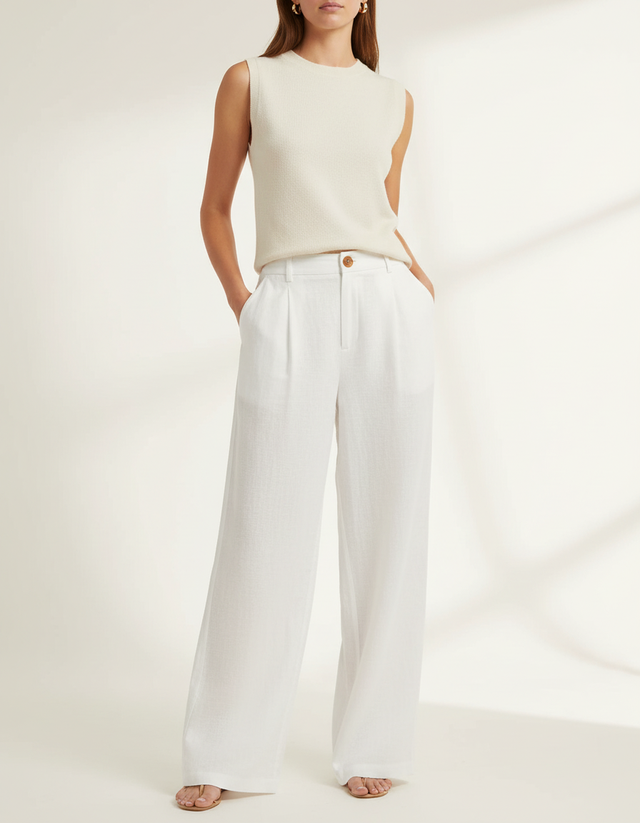 Pantalon Baggy Blanc Lin Plissé Ample Décontracté Fluide
