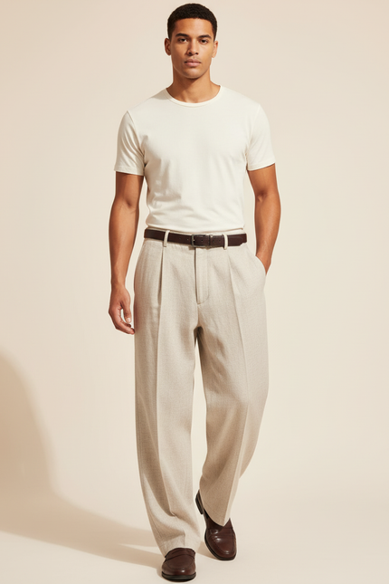 Pantalon Baggy Homme Beige Taille Haute Coton - Lin