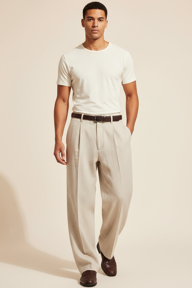 Pantalon Baggy Homme Beige Taille Haute Coton - Lin