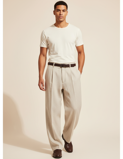Pantalon Baggy Homme Beige Taille Haute Coton - Lin